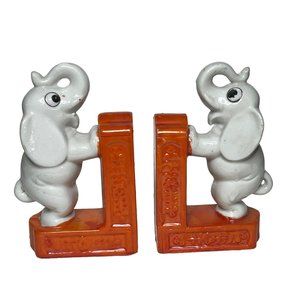 Vintage Ceramic Elephant Bookends White on Orange Base Japan